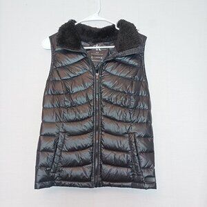 Calvin Klein Women Performance Down Puffer Vest Sweater Back Faux Fur Collar Med